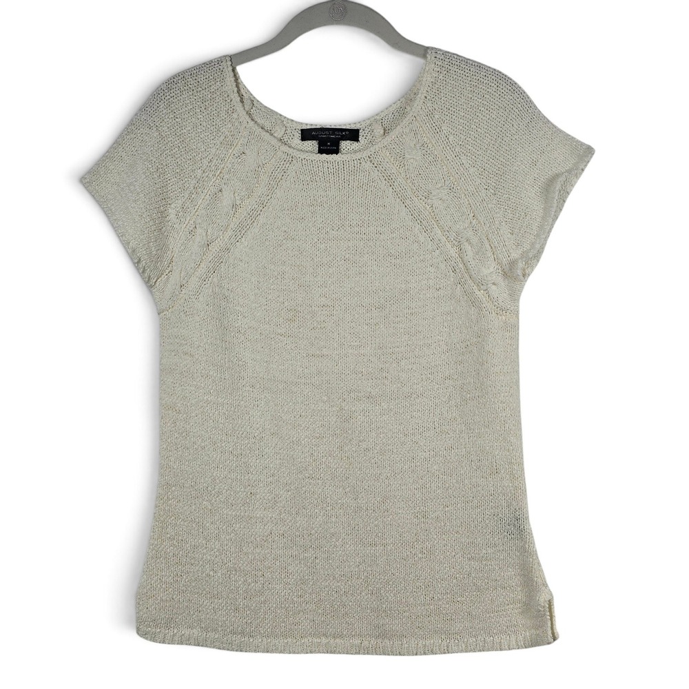 August Silk Sweater Women Medium Short Sleeve Cable Knit Ivory Scoop Neck Cozy